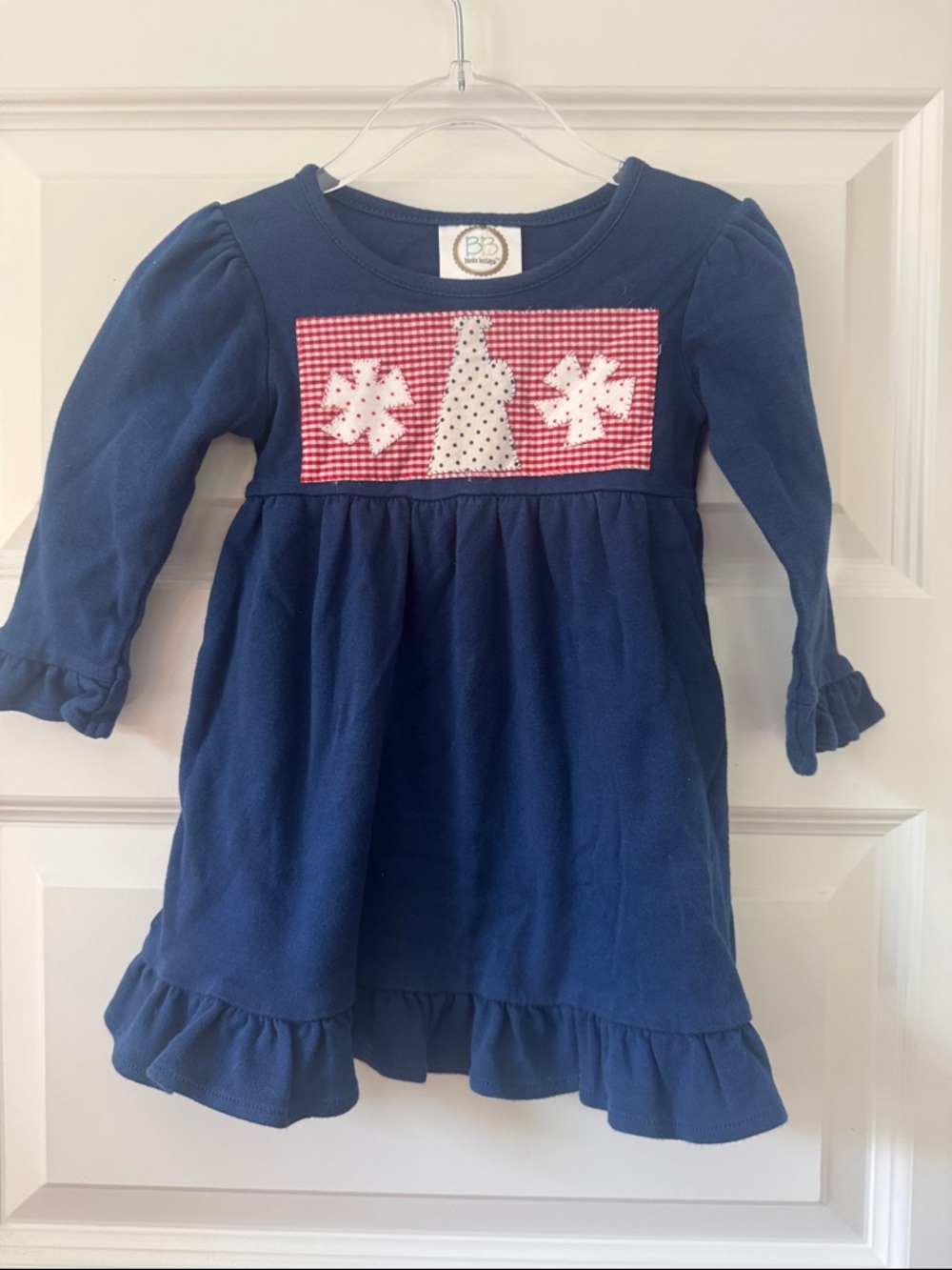 Navy Long-Sleeve Ruffle Hem Dress with Cheerleader Design